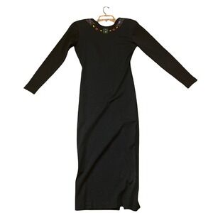 Vintage Fusion Black Embellished Jewel Neck Maxi Dress Long Sleeve size med‎